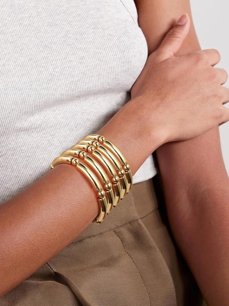 Badu Gold Chunky Bangles Bracelets For Women 14k Gold Plated Stack Layered Curved Bamboo Tube Stretch Bracelets Gift Jewelry - Image 3